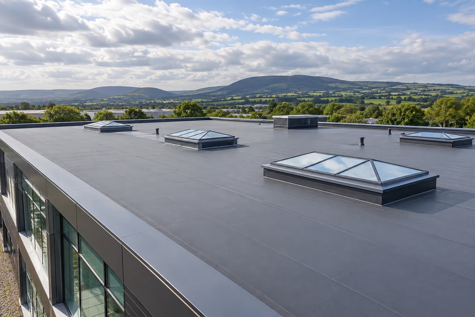 Illustrative modern commercial flat roof with rooflights