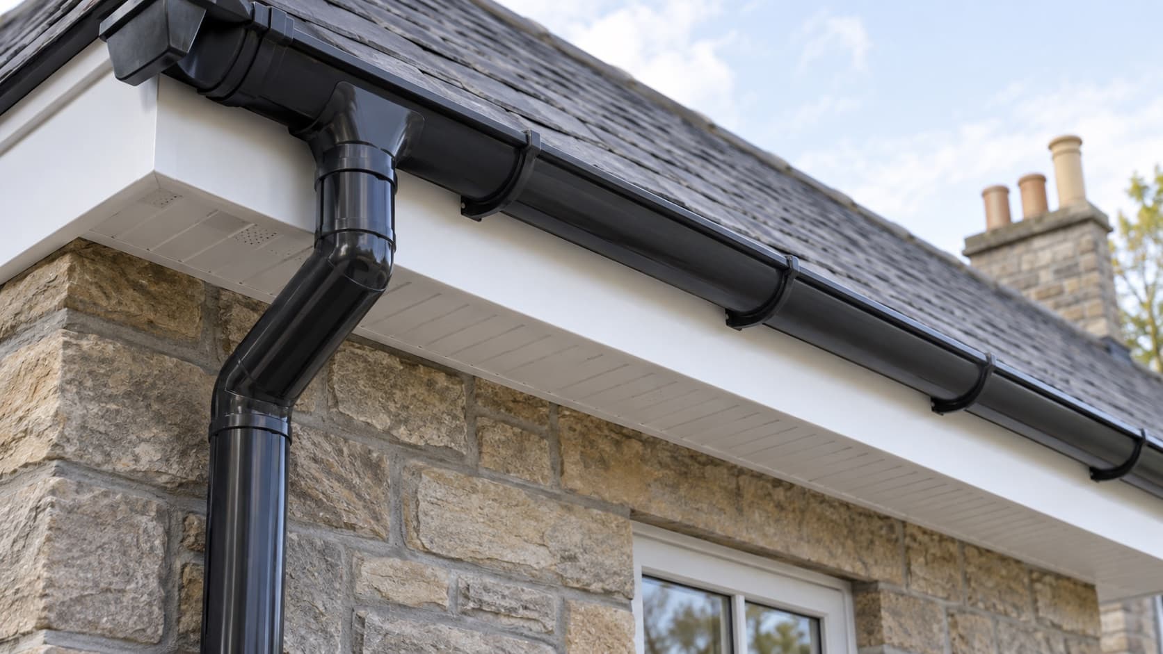 Illustrative guttering and fascia at the edge of a pitched roof