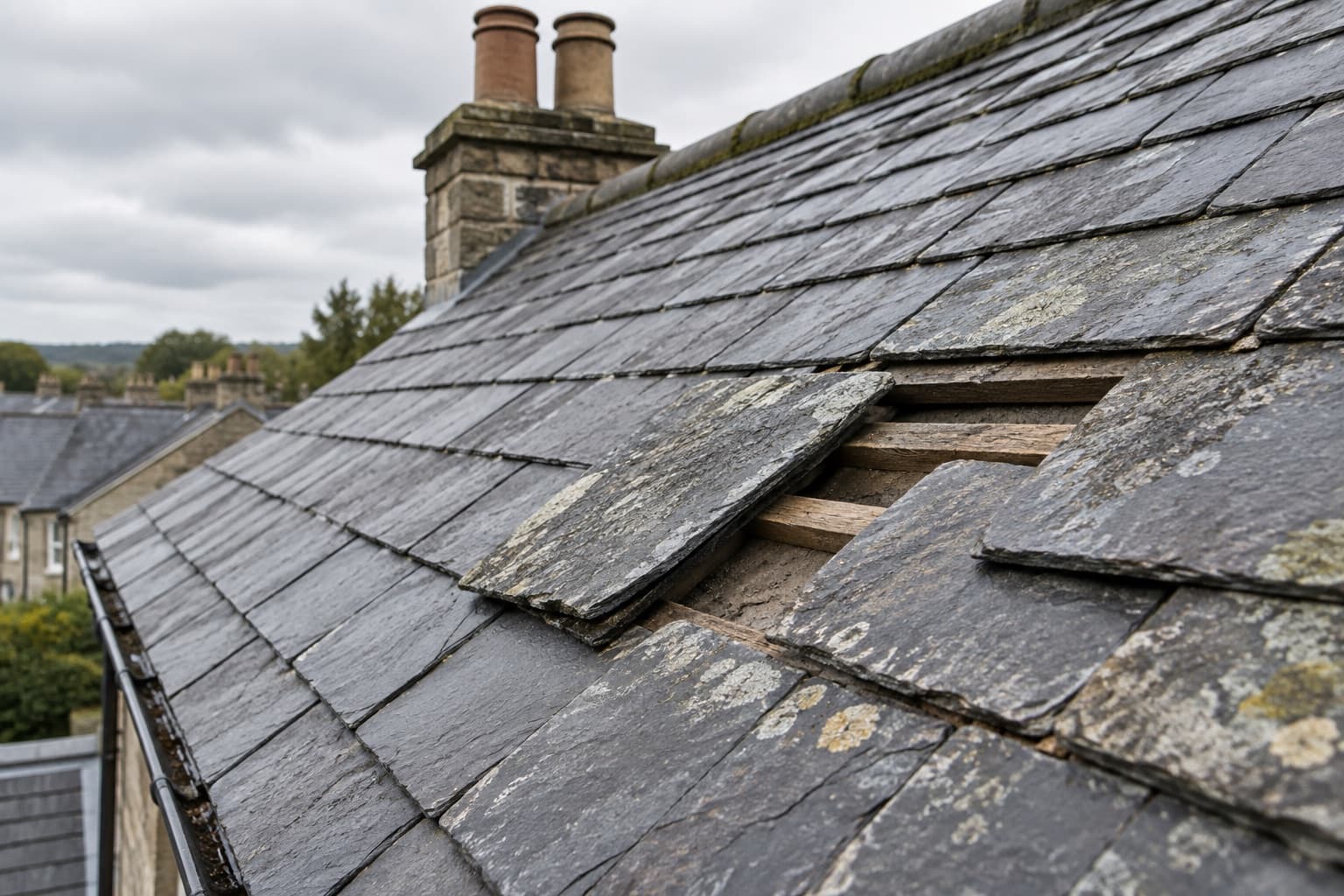 Illustrative slate roof with an area of visible wear